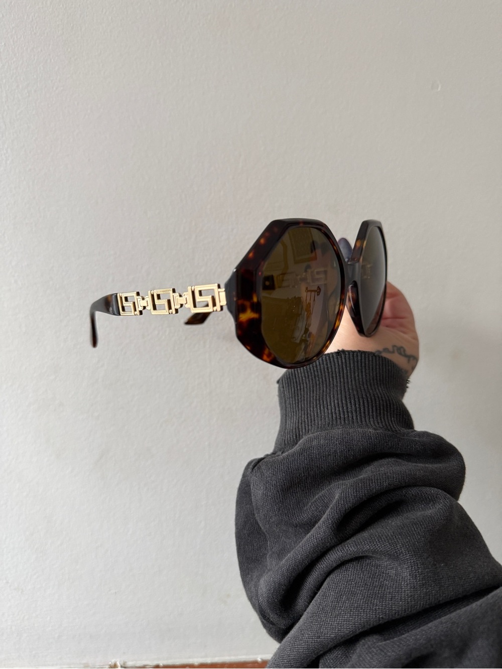 VERSACE Tortoiseshell Oversized Round Sunglasses with Gold Accent